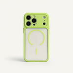 Apple iPhone rugged case with a lime green frame, frosted translucent back and visible MagSafe ring and alignment mark