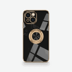 Apple iPhone - Luxury Case in glossy black with gold-tone trim, a prominent circular ring stand, and camera protection