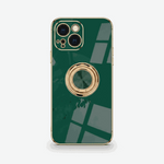 Apple iPhone - Luxury Case in glossy dark green with gold trim, triple-camera cutout and circular gold ring stand