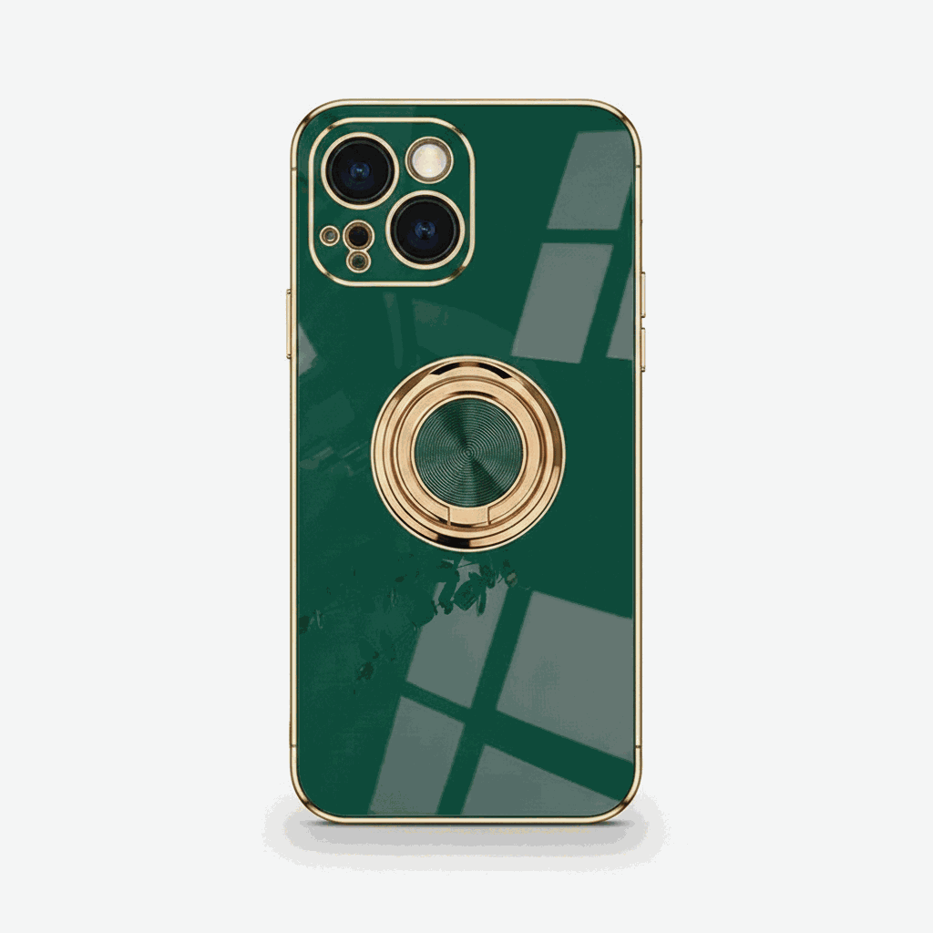 Apple iPhone - Luxury Case in glossy dark green with gold trim, triple-camera cutout and circular gold ring stand