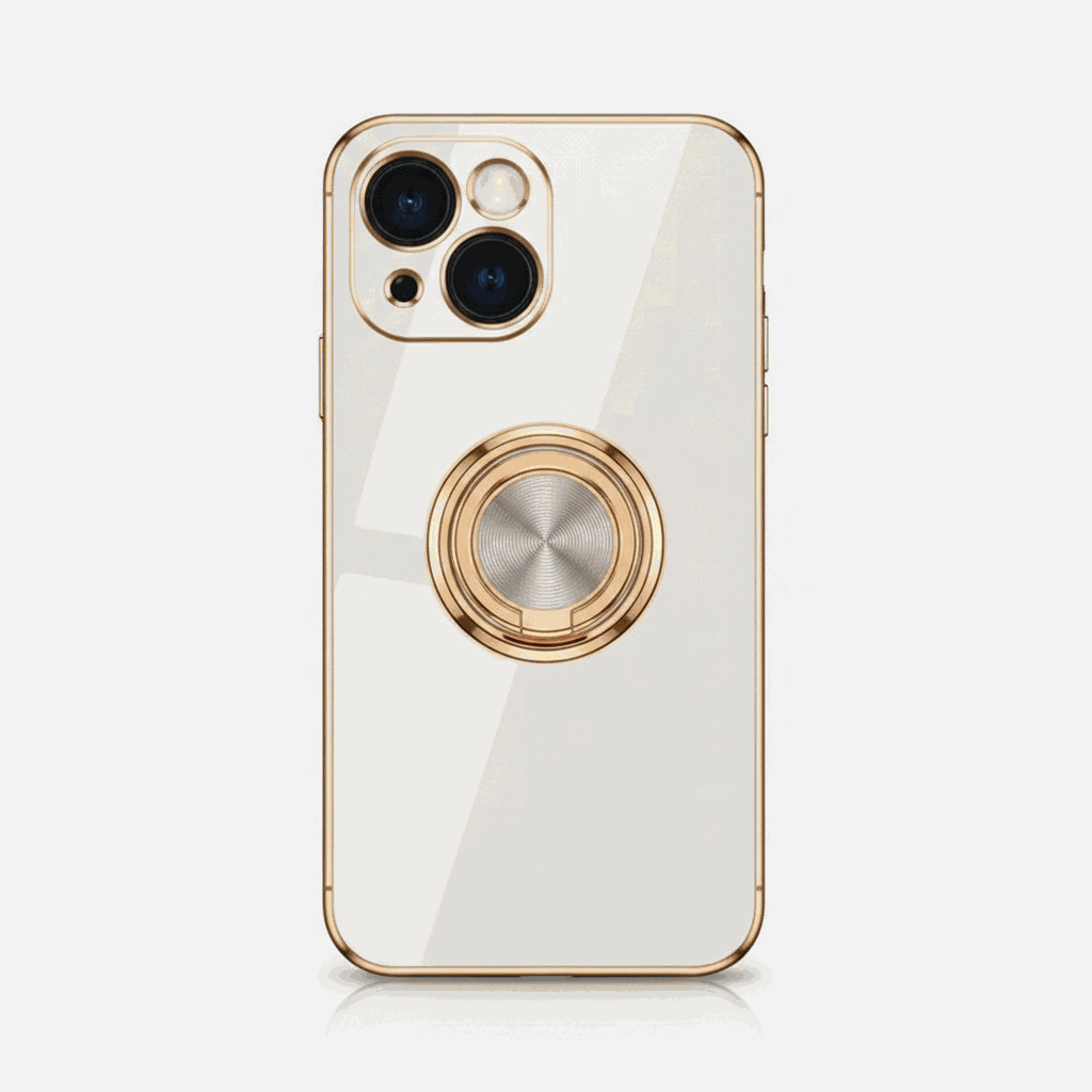 Apple iPhone - Luxury Case in glossy ivory with gold trim, dual camera cutouts and a circular metal ring stand