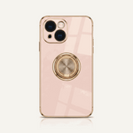 Apple iPhone - Luxury Case in pale pink with a glossy finish, gold trim, raised camera edges and circular ring stand