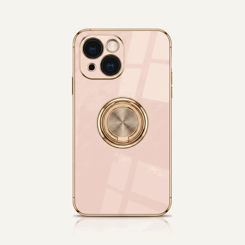 Apple iPhone - Luxury Case in pale pink with a glossy finish, gold trim, raised camera edges and circular ring stand