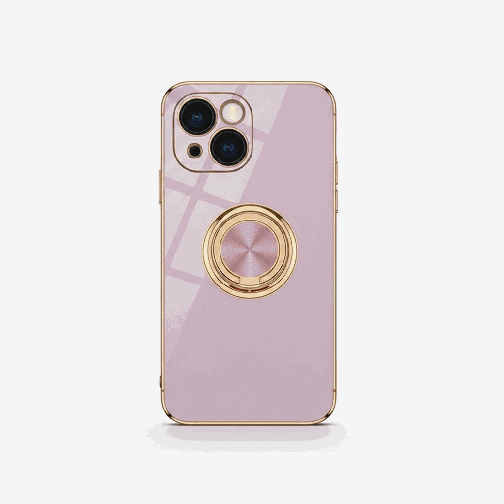 Apple iPhone - Luxury Case in glossy pale pink with gold trim, a geometric pattern, and a circular ring stand