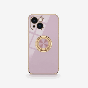 Apple iPhone - Luxury Case in glossy pale pink with gold trim, a geometric pattern, and a circular ring stand