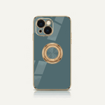 Apple iPhone - Luxury Case in teal with gold-tone trim, dual camera cutouts and a circular ring stand