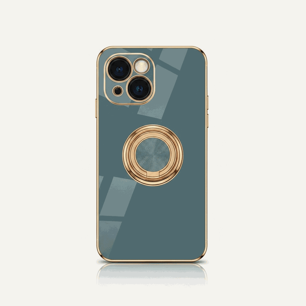Apple iPhone - Luxury Case in teal with gold-tone trim, dual camera cutouts and a circular ring stand