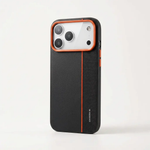 A black textured phone case with a bright orange accent border around the camera cutout and a vertical orange stripe, shown on a white background.
