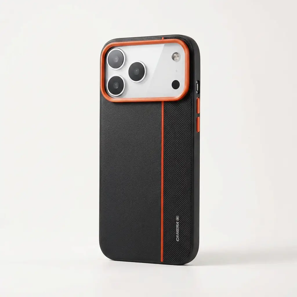 A black textured phone case with a bright orange accent border around the camera cutout and a vertical orange stripe, shown on a white background.