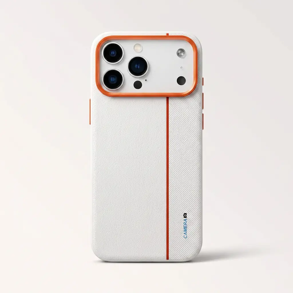 A white textured phone case with an orange accent border around the camera cutout and a vertical orange stripe, shown on a light gray background.