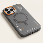Apple iPhone - Magnetic Matte Case in charcoal grey with a smooth matte finish, orange-trimmed camera ring and circular magnetic ring