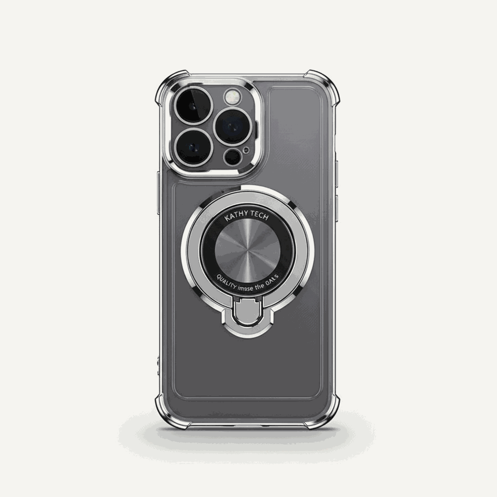 Apple iPhone - MagSafe Bumper Case in clear and smoky gray with reinforced corners and a silver rotating ring stand