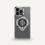 Apple iPhone - MagSafe Bumper Case in clear and smoky gray with reinforced corners and a silver rotating ring stand
