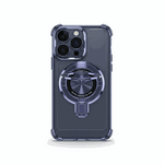 Apple iPhone - MagSafe Bumper Case with a dark translucent shell, reinforced corners, and a metallic rotating ring stand.