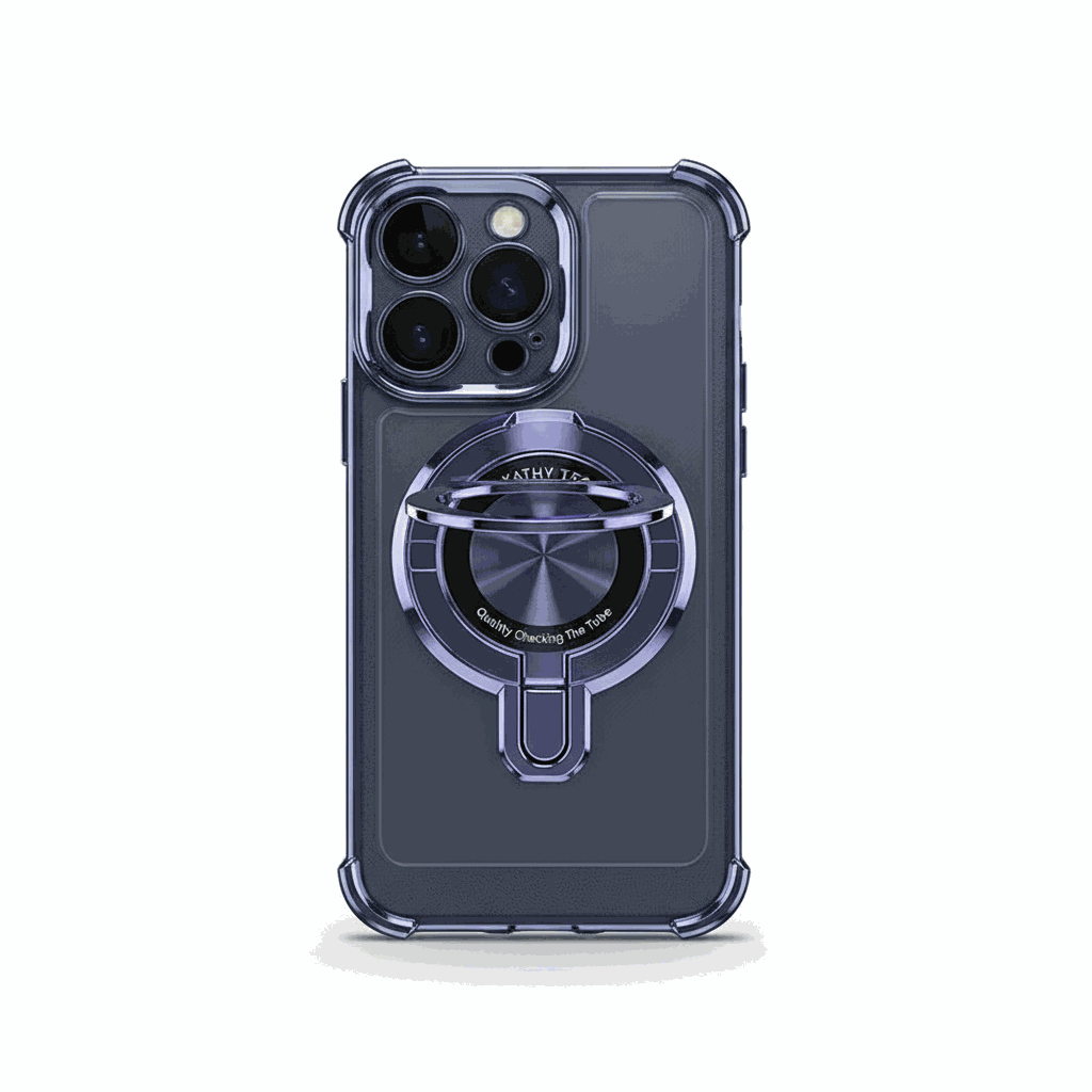 Apple iPhone - MagSafe Bumper Case with a dark translucent shell, reinforced corners, and a metallic rotating ring stand.