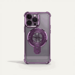 Apple iPhone - MagSafe Bumper Case in translucent purple with a clear shell, raised corners, and circular rotating ring stand