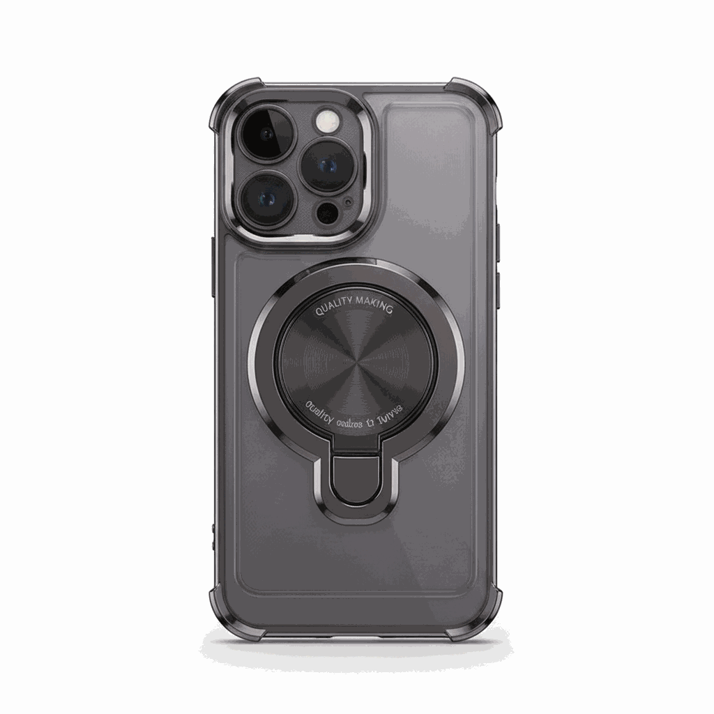Apple iPhone - MagSafe Bumper Case in clear smoky gray with reinforced corners and a circular rotating metal ring stand