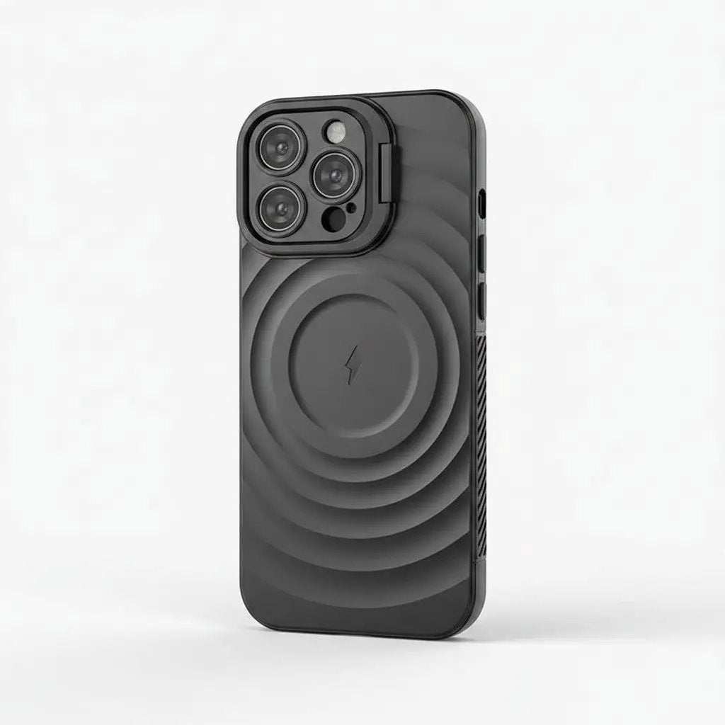 Apple iPhone case in matte black with a molded ripple pattern, raised camera surround and circular magnetic ring