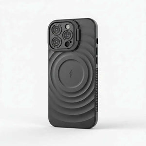 Apple iPhone case in matte black with a molded ripple pattern, raised camera surround and circular magnetic ring
