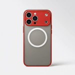 Apple iPhone hard case with a matte gray back, red edges, raised camera bezel and white MagSafe ring