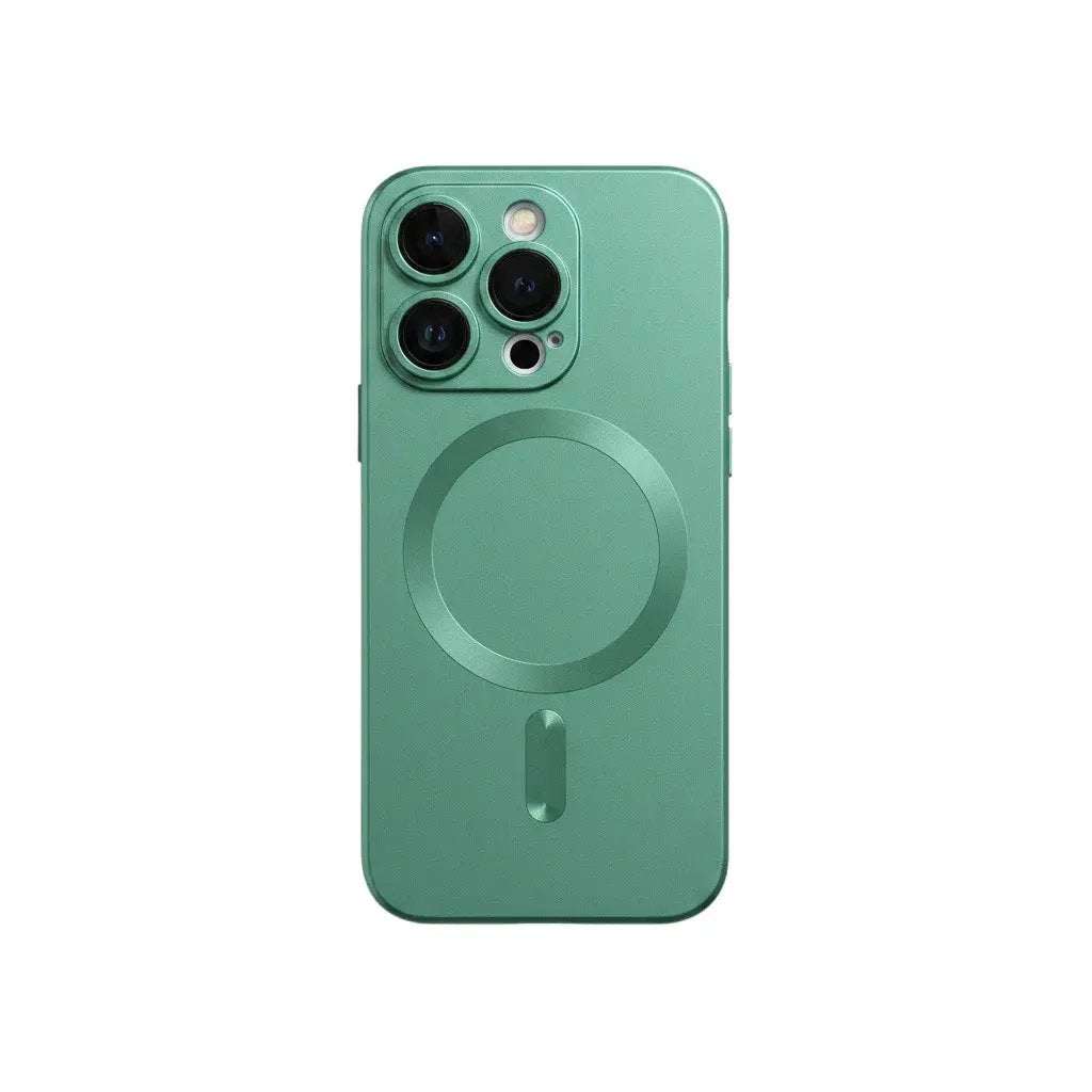 Apple iPhone matte green case with a smooth finish, triple-camera cutouts and a visible MagSafe ring