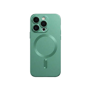 Apple iPhone matte green case with a smooth finish, triple-camera cutouts and a visible MagSafe ring