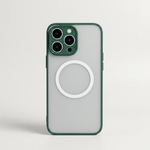 Apple iPhone hard case with a pale gray matte back, dark green edges, raised camera bezel and white MagSafe ring
