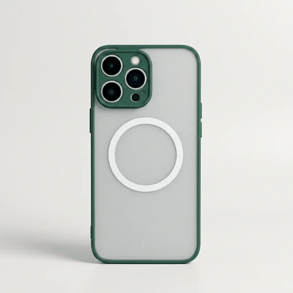 Apple iPhone hard case with a pale gray matte back, dark green edges, raised camera bezel and white MagSafe ring