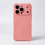 Apple iPhone case in matte pink with a raised camera bumper, protective corner guards and a circular MagSafe ring