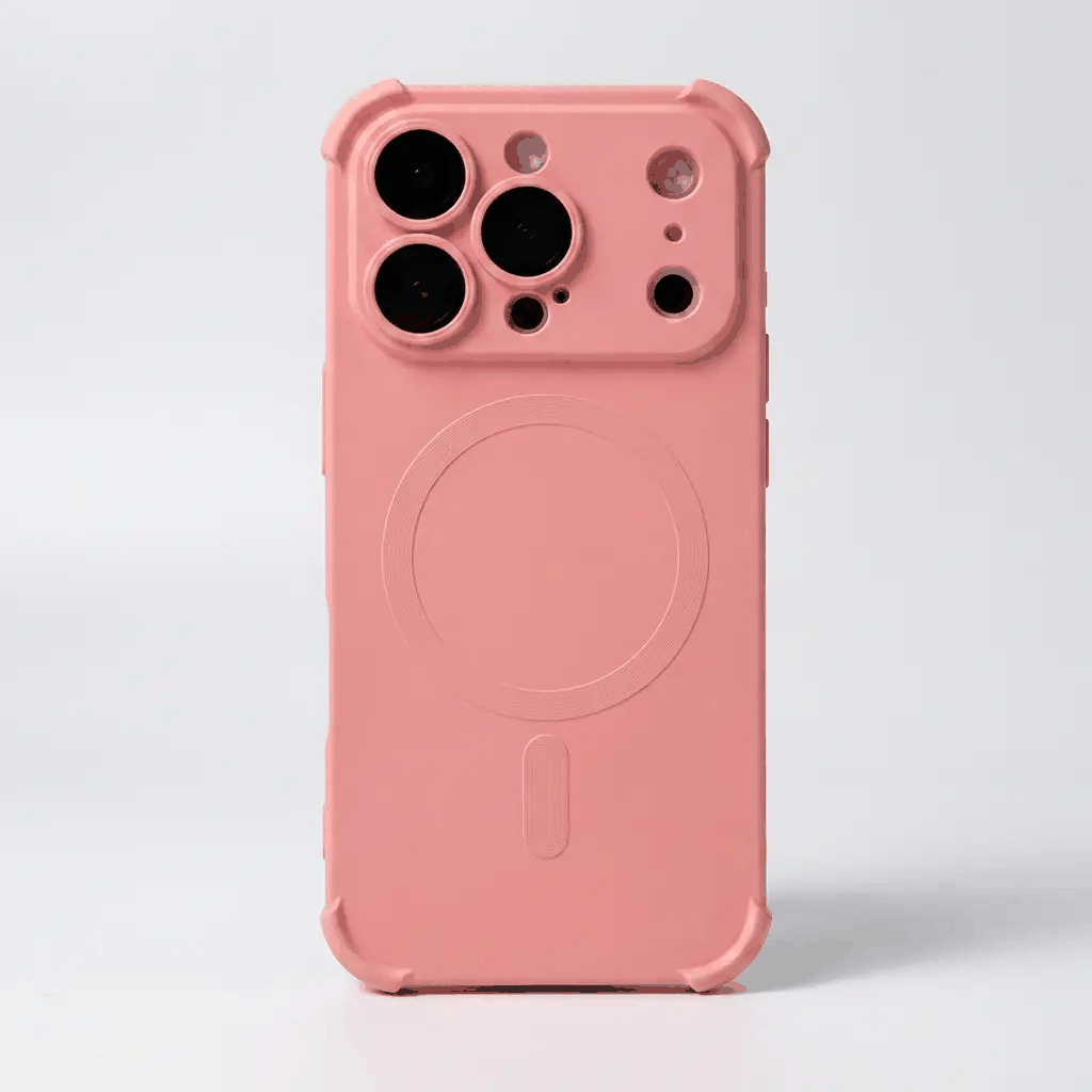 Apple iPhone case in matte pink with a raised camera bumper, protective corner guards and a circular MagSafe ring