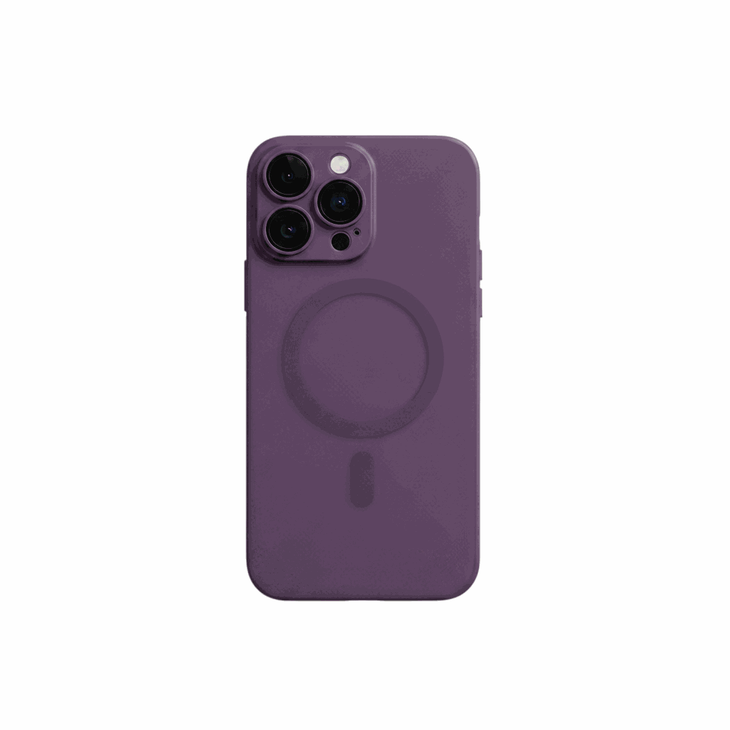 Apple iPhone case in matte purple with a smooth frosted finish and a visible MagSafe magnetic ring