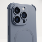 Apple iPhone case in matte slate blue with a smooth finish, raised camera protection and circular MagSafe ring