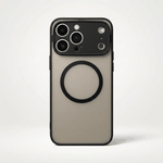 Apple iPhone case with a matte taupe hard shell, black edges, raised camera bezel, and circular MagSafe ring