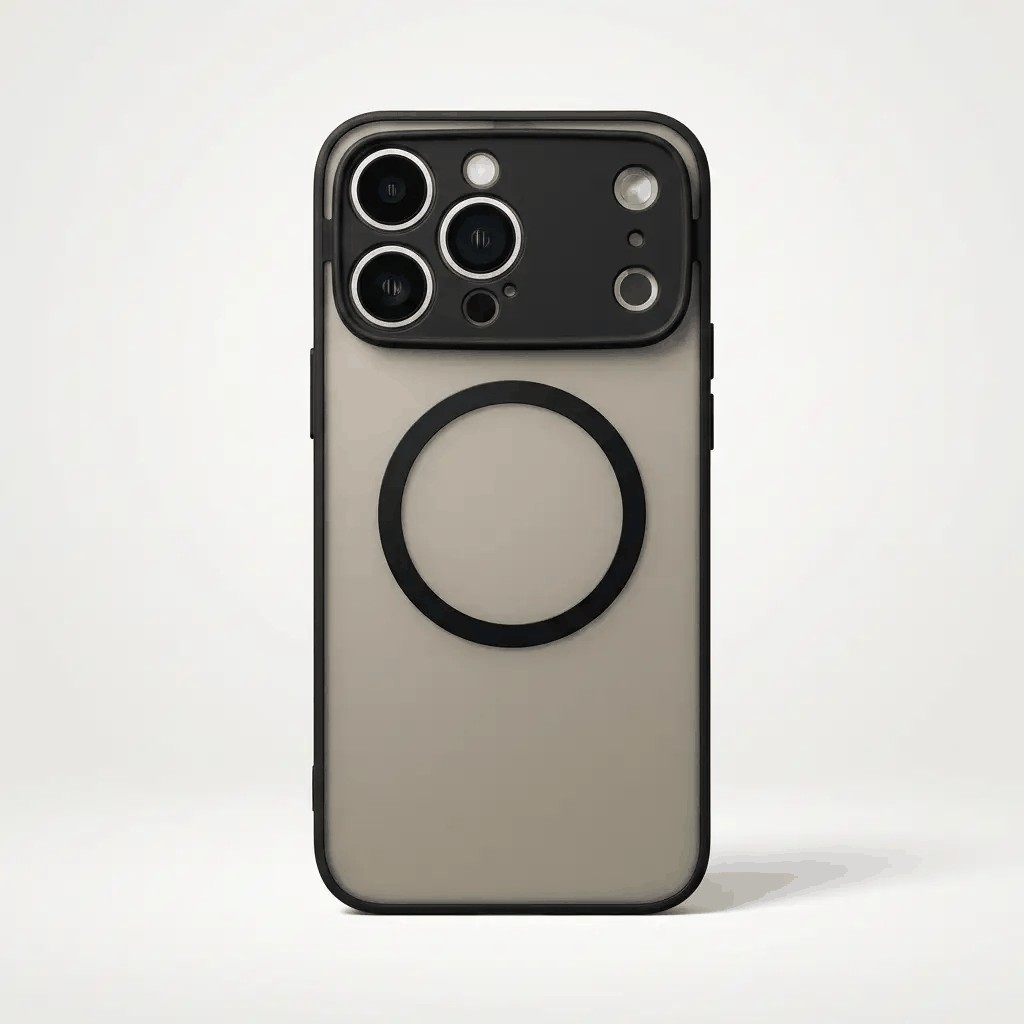 Apple iPhone case with a matte taupe hard shell, black edges, raised camera bezel, and circular MagSafe ring