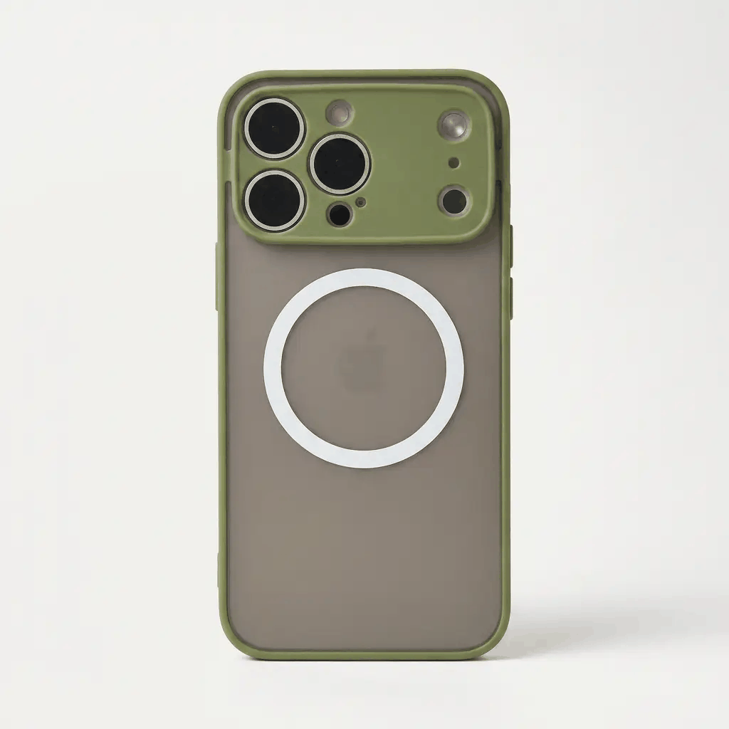 Apple iPhone hard case in muted taupe with an olive green raised camera rim, matte back and white MagSafe ring