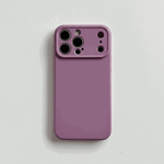 Apple iPhone silicone case in muted mauve with a smooth finish and raised camera guard with multiple cutouts