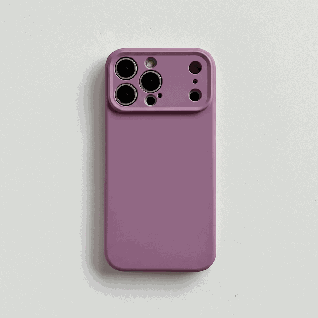 Apple iPhone silicone case in muted mauve with a smooth finish and raised camera guard with multiple cutouts