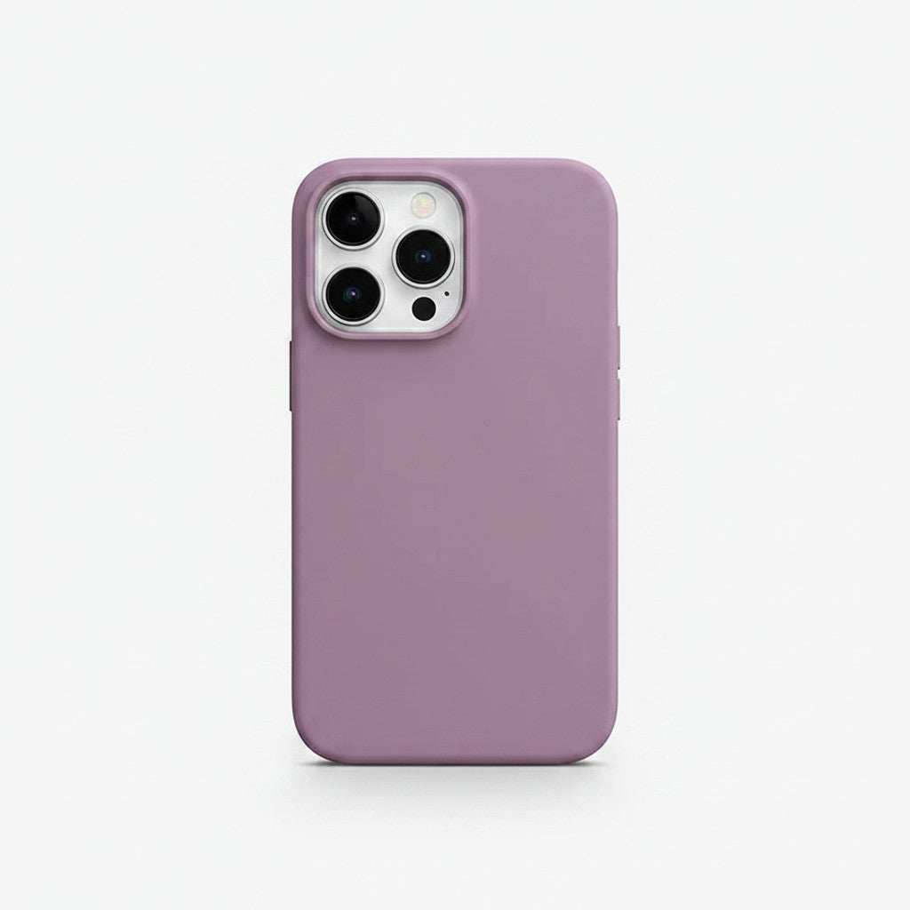 Apple iPhone case in muted mauve silicone with a smooth matte finish and a raised camera cutout