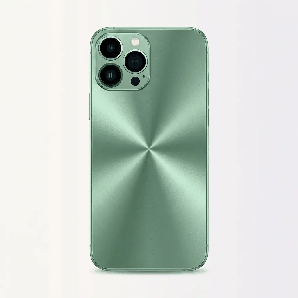 Apple iPhone case in mint green with a smooth metallic finish and a striking radial CD-style back pattern