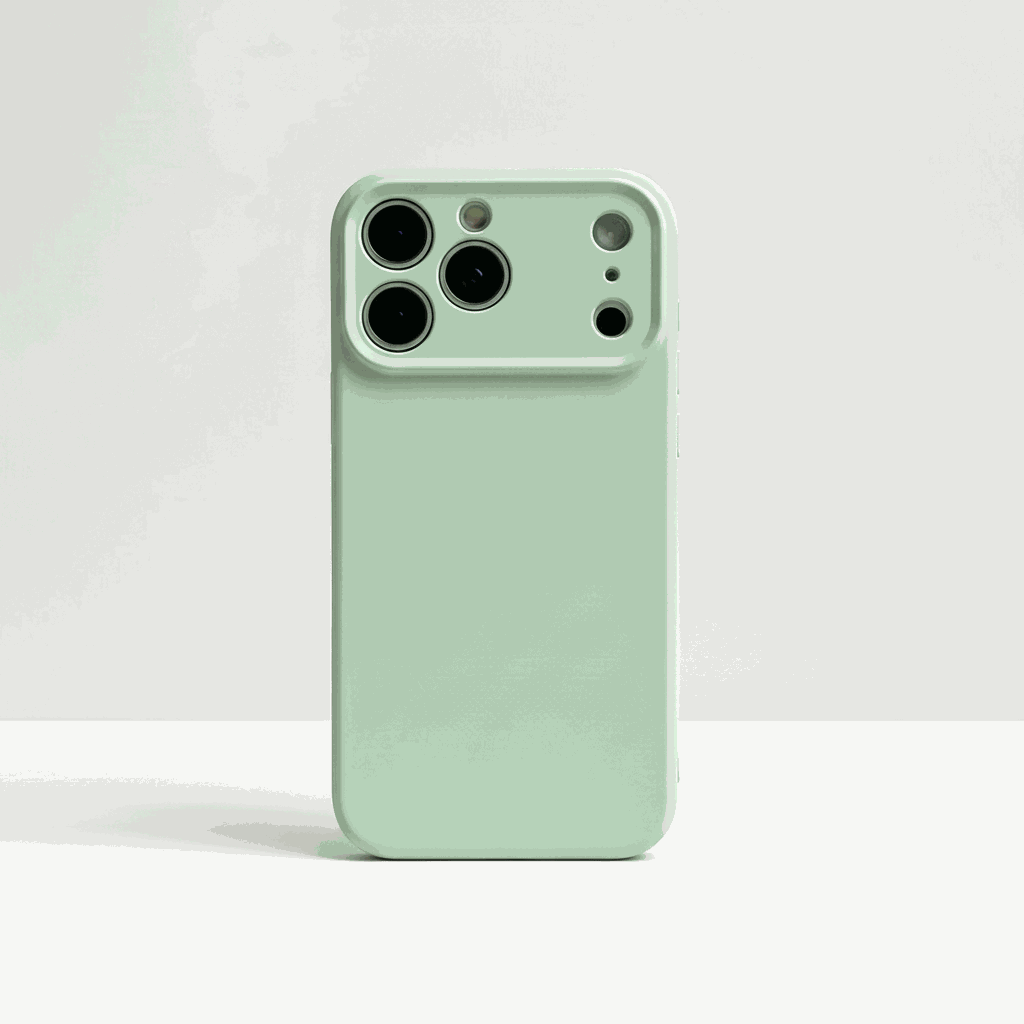 Apple iPhone case in pale mint green with a smooth silicone finish and raised camera surround for lens protection