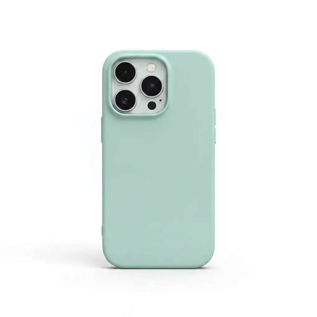 Apple iPhone case in pale mint silicone with a smooth solid-color finish and raised camera cutout