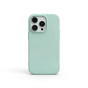 Apple iPhone case in pale mint silicone with a smooth solid-color finish and raised camera cutout