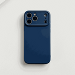 Apple iPhone case in navy blue silicone with a smooth finish and raised camera surround with precise lens cutouts