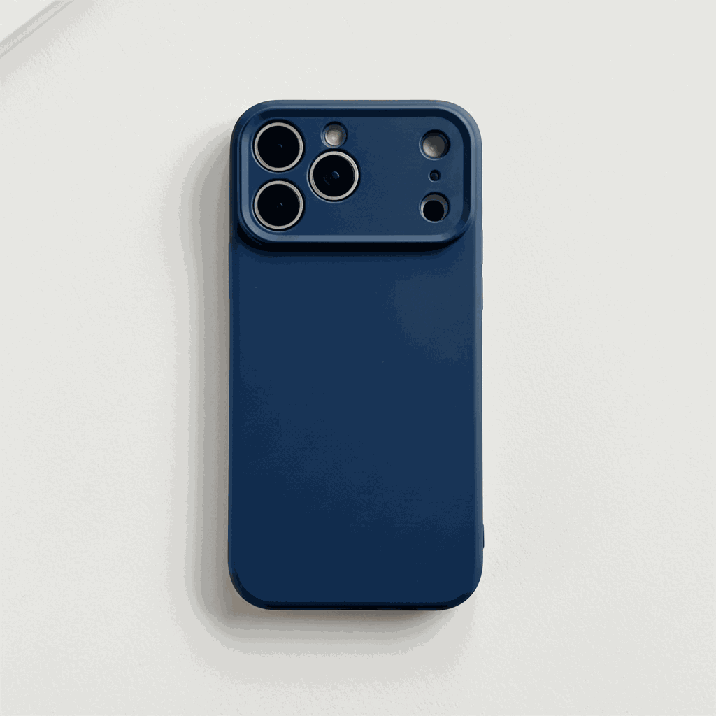 Apple iPhone case in navy blue silicone with a smooth finish and raised camera surround with precise lens cutouts