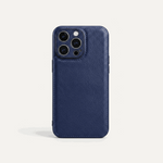 Apple iPhone leather case in deep navy blue with a fine textured surface, stitched edges and raised camera surround