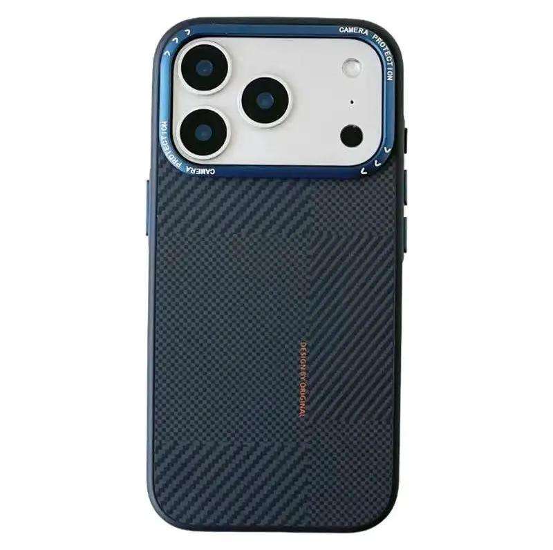 Apple iPhone case in dark navy with a black carbon fibre patterned back and raised blue camera surround