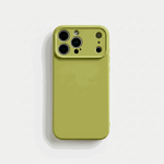 Apple iPhone case in olive green silicone with a smooth finish and raised camera guard around multiple cutouts