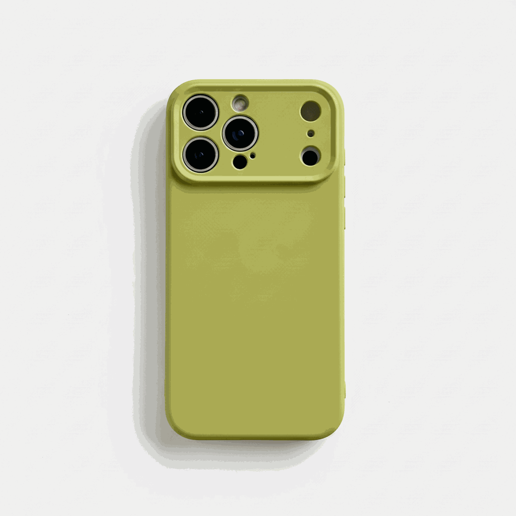 Apple iPhone case in olive green silicone with a smooth finish and raised camera guard around multiple cutouts
