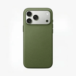 Apple iPhone case in olive green with a finely textured woven exterior and a raised, smooth camera surround
