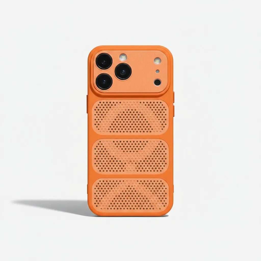 Apple iPhone case in orange with a matte finish, raised triple-camera rim and three perforated geometric vent panels